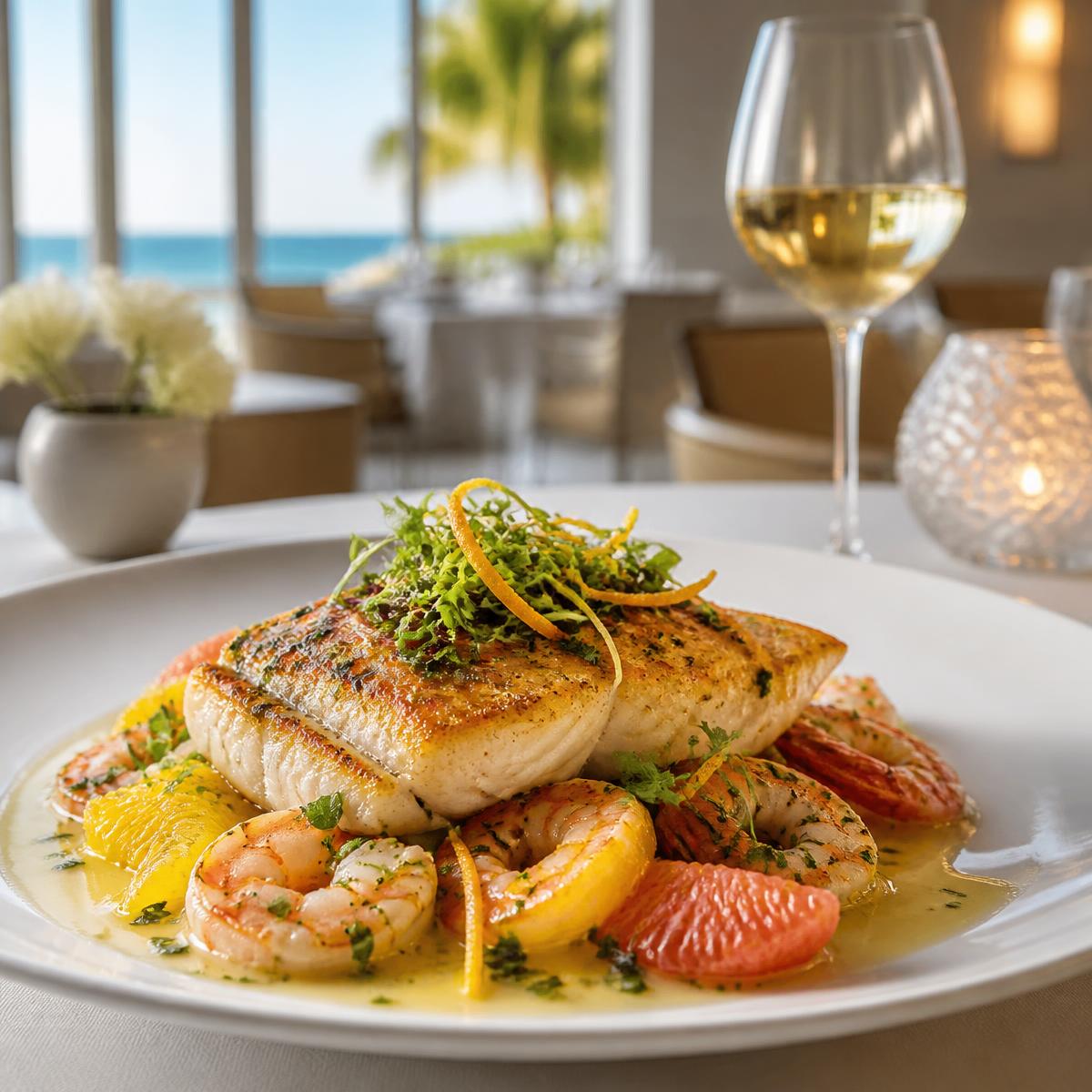 Elegant waterfront seafood restaurant at sunset in the Florida Keys