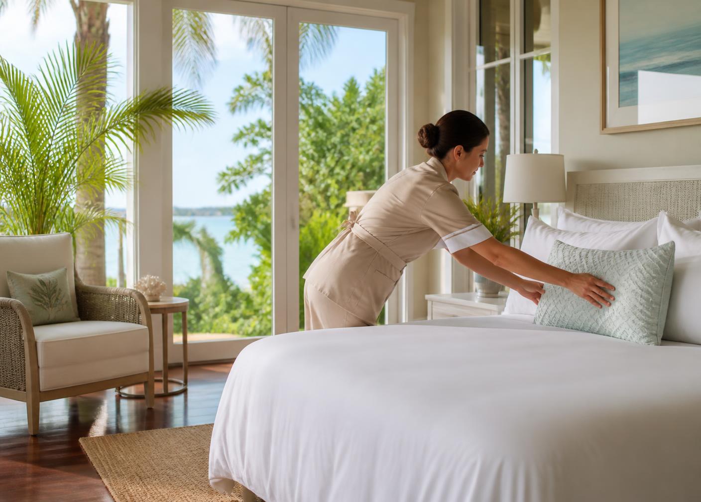 Professional housekeeping preparing a luxury Florida Keys vacation rental bedroom with crisp white linens